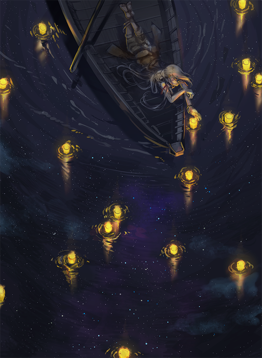 1boy, afloat_lantern, boat, crossed_ankles, from_above, ima-no-tsurugi, japanese_clothes, karasuneko1313