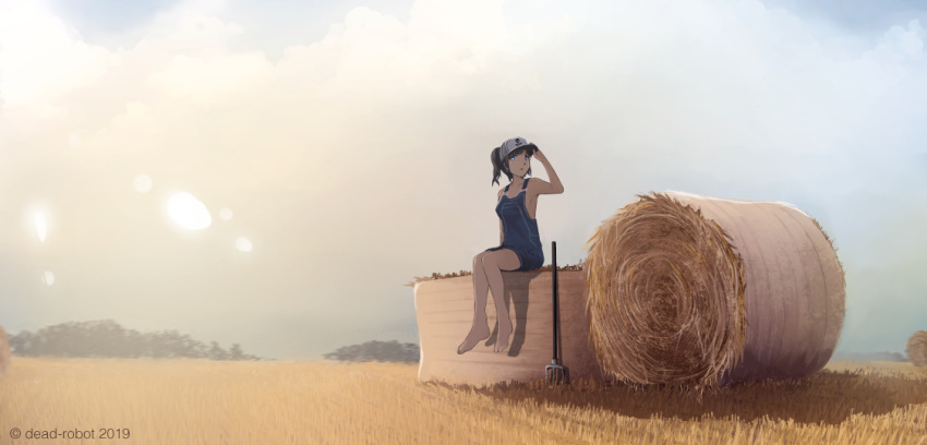 1girl, armpits, artist_name, barefoot, black_hair, clouds, cloudy_sky, collarbone