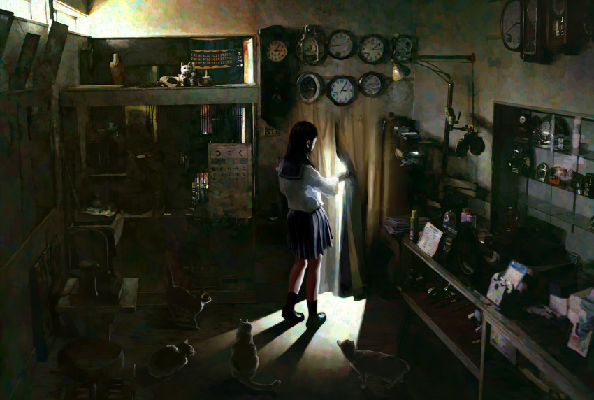 1girl, ankle_socks, backlighting, black_hair, cat, clock, curtains, dark, desk, eye_chart, hironoshousei, indoors, lamp, light, long_hair, maneki-neko, original, scenery, school_uniform, serafuku, solo, stool, sunlight
