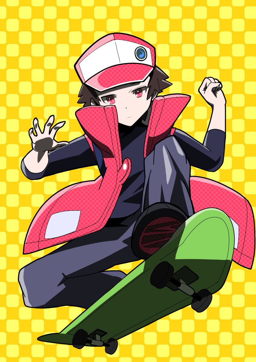 1boy, absurdres, baseball_cap, black_footwear, brown_hair, checkered, checkered_background, closed_mouth