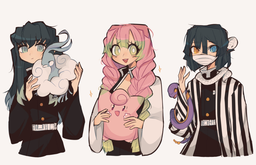 :d, altaria, alternate_color, bangs, black_hair, blue_eyes, charamells, clefairy, commentary, cowboy_shot, creature, crossover, ekans, english_commentary, gen_1_pokemon, gen_3_pokemon, grey_eyes, hair_between_eyes, heterochromia, highres, holding, holding_bird, holding_pokemon, iguro_obanai, kanroji_mitsuri, kimetsu_no_yaiba, long_hair, looking_at_viewer, mask, mole, mole_under_eye, open_mouth, orange_eyes, pink_hair, pokemon, pokemon_(creature), pokemon_on_arm, shiny_pokemon, simple_background, smile, snake, standing, tokitou_muichirou, white_background