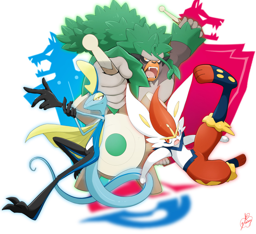 absurdres, cinderace, commentary_request, creature, drumsticks, fangs, finger_gun, full_body