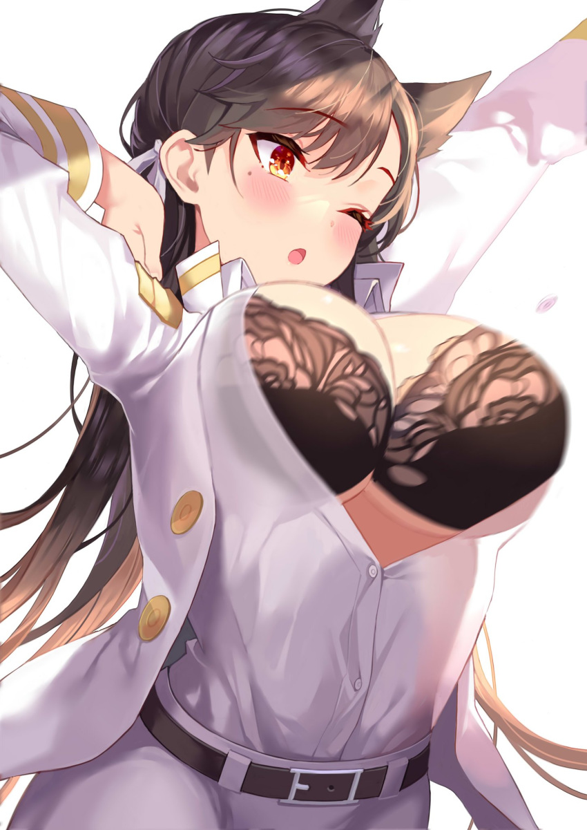 1girl, animal_ears, arm_up, atago_(azur_lane), azur_lane, bangs, belt, black_belt