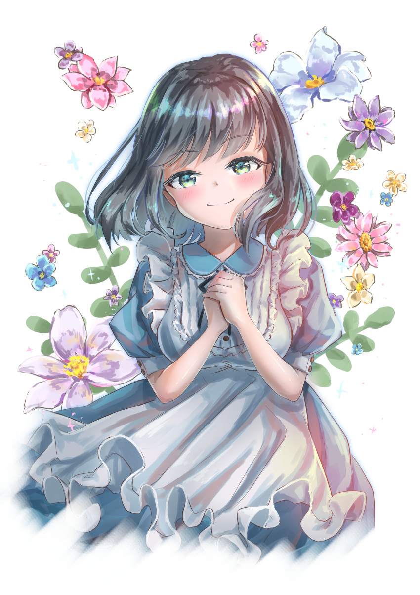 1girl, absurdres, black_hair, blue_dress, dress, flower, frills, fumizuki_lily