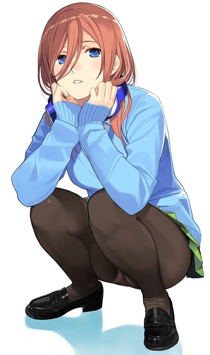 1girl, aqua_sweater, black_footwear, black_legwear, blue_eyes, blue_sweater, breasts, chin_rest