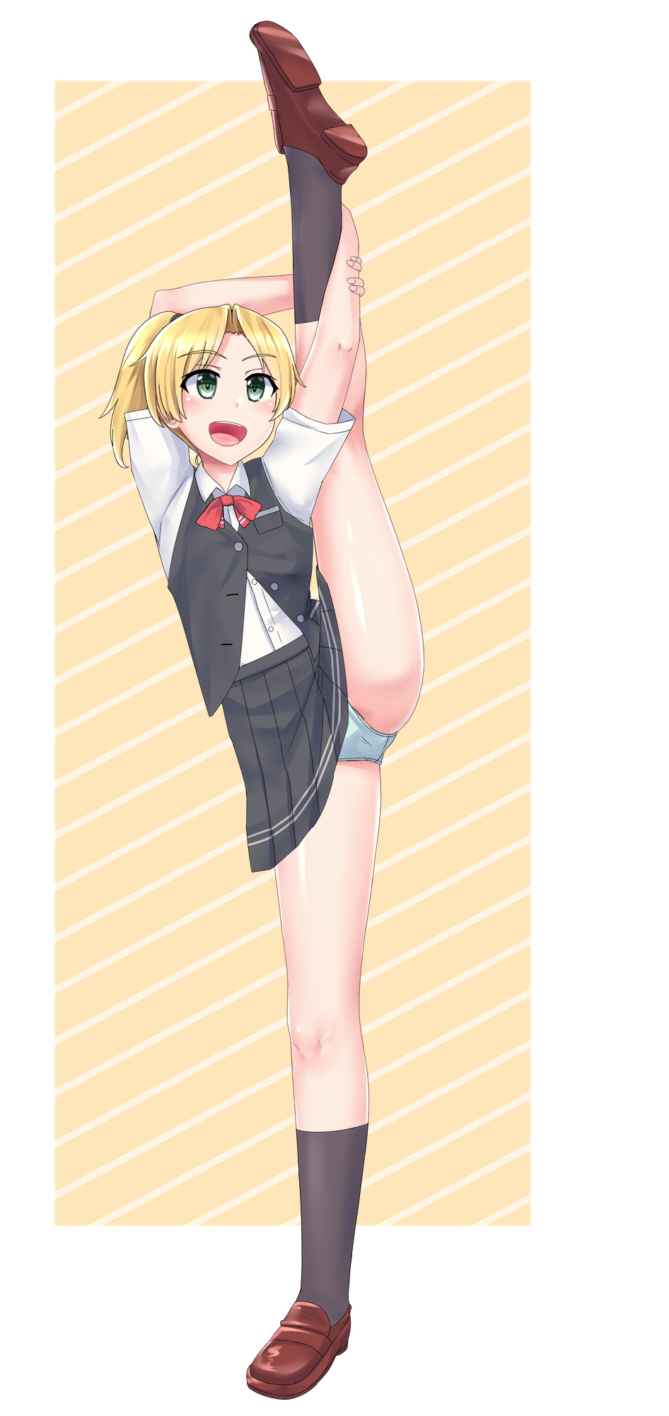 1girl, bangs, black_legwear, black_skirt, blonde_hair, brown_footwear, commentary_request, dress_shirt