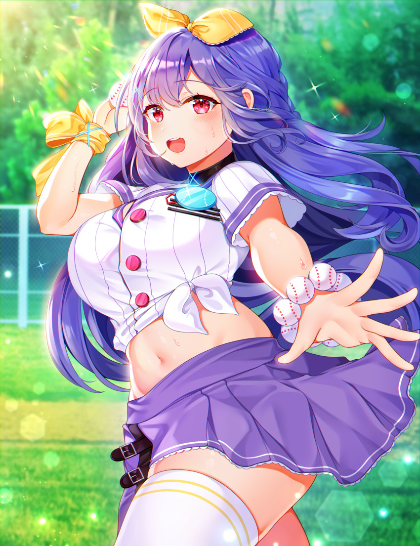 1girl, :d, arm_up, black_choker, bracelet, choker, cowboy_shot, crop_top