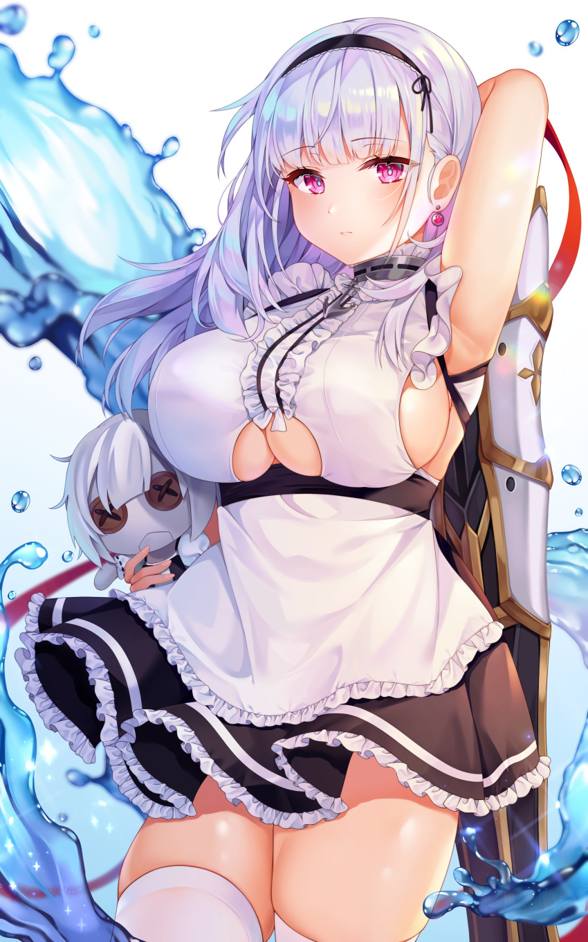 1girl, absurdres, arm_up, armpits, azur_lane, bare_shoulders, black_skirt, blurry
