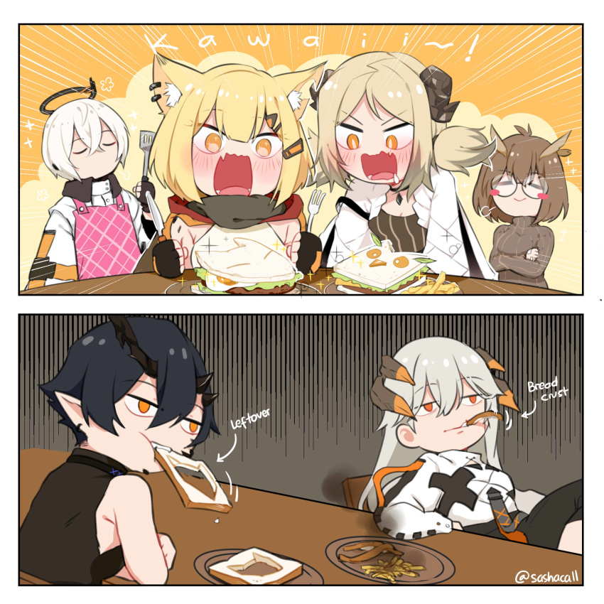2boys, 4girls, arknights, blush, burnt_food, demon_horns, dragon_horns, eating