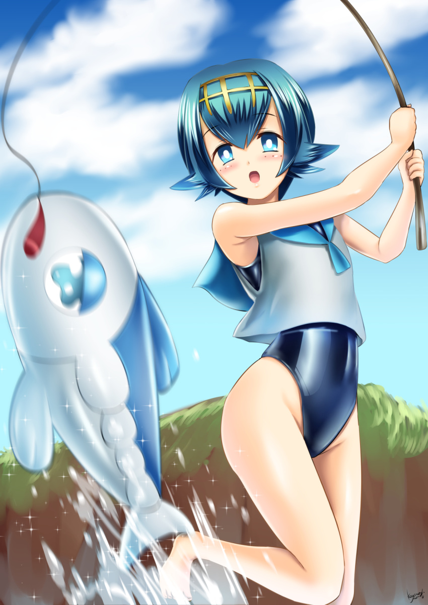 1girl, beach, blouse, blue_eyes, blue_hair, blue_sky, blue_swimsuit, clouds, collar, day, eyebrows_visible_through_hair, fishing, fishing_line, fishing_rod, freckles, gen_7_pokemon, highres, holding, holding_fishing_rod, kogawawaki, ocean, pokemon, pokemon_(anime), pokemon_(game), pokemon_sm, pokemon_sm_(anime), sailor_collar, school_swimsuit, short_hair, sky, sleeveless, suiren_(pokemon), swimsuit, swimsuit_under_clothes, water, white_blouse, wishiwashi