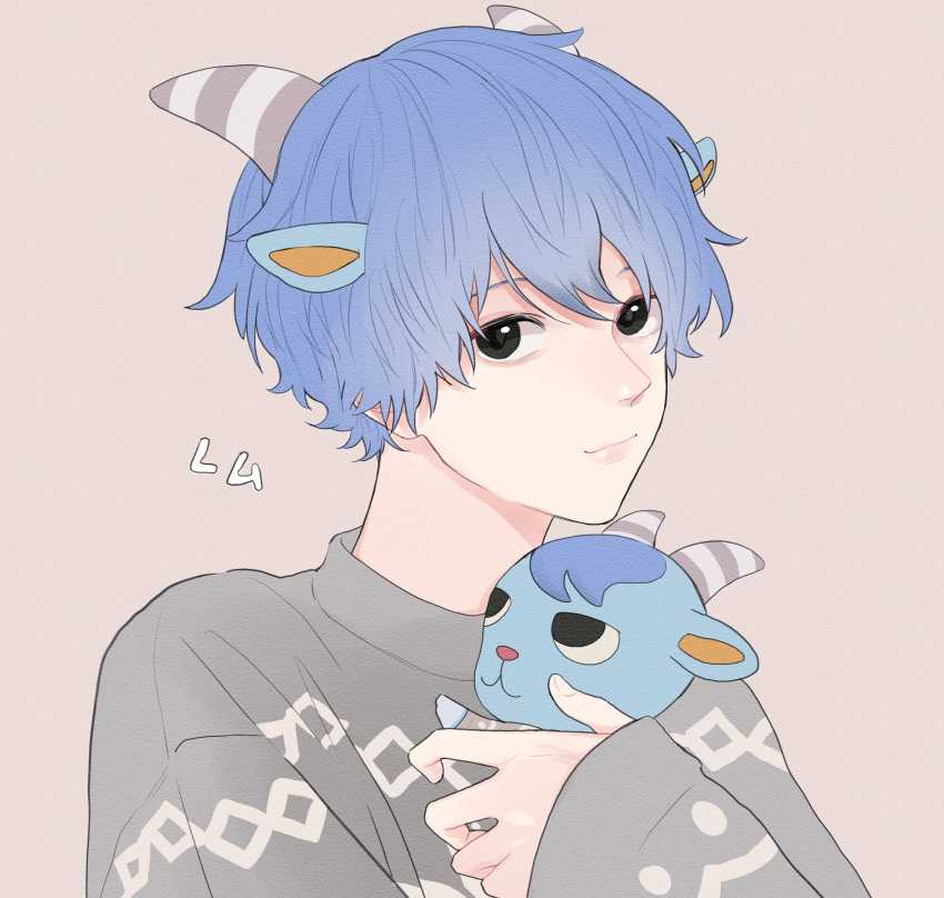 1boy, animal_ears, blue_hair, doubutsu_no_mori, furry, goat, goat_ears, goat_horns