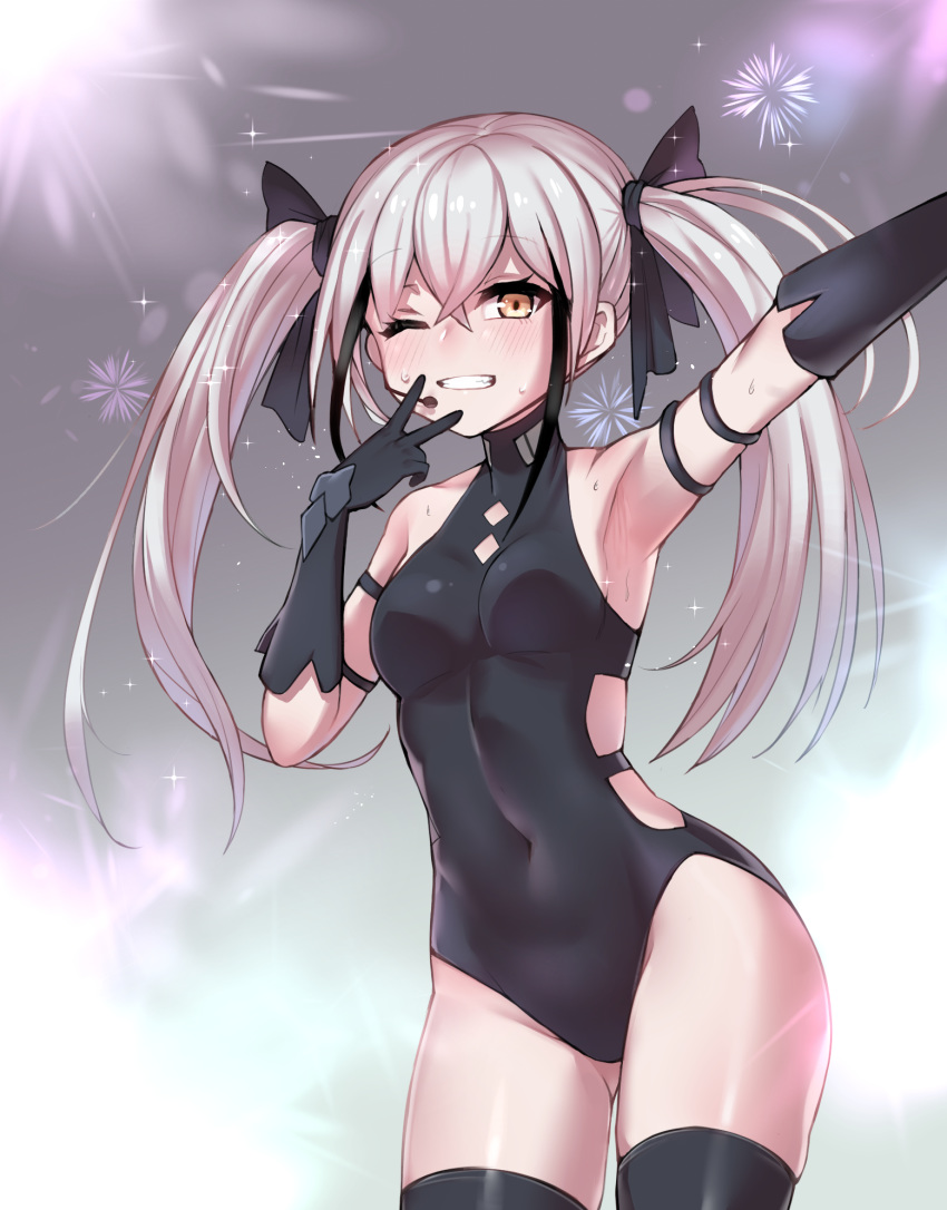 1girl, adapted_costume, armpit_crease, armpits, beruko_(rladustns50), blush, breasts, destroyer_(girls_frontline)