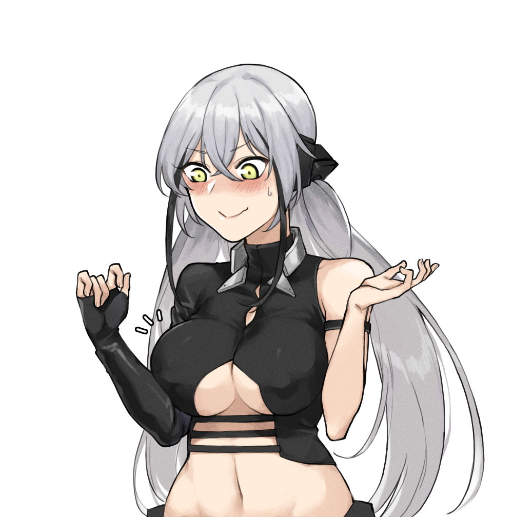 blush, breasts, gaia_(girls_frontline), girls_frontline, large_breasts, long_hair, mimyo, silver_hair