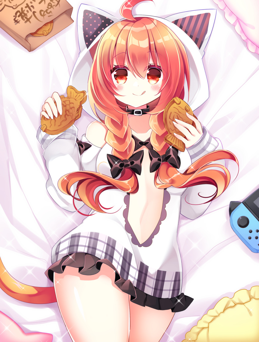 1girl, :q, ahoge, animal_ears, animal_hood, bag, bangs, bare_shoulders
