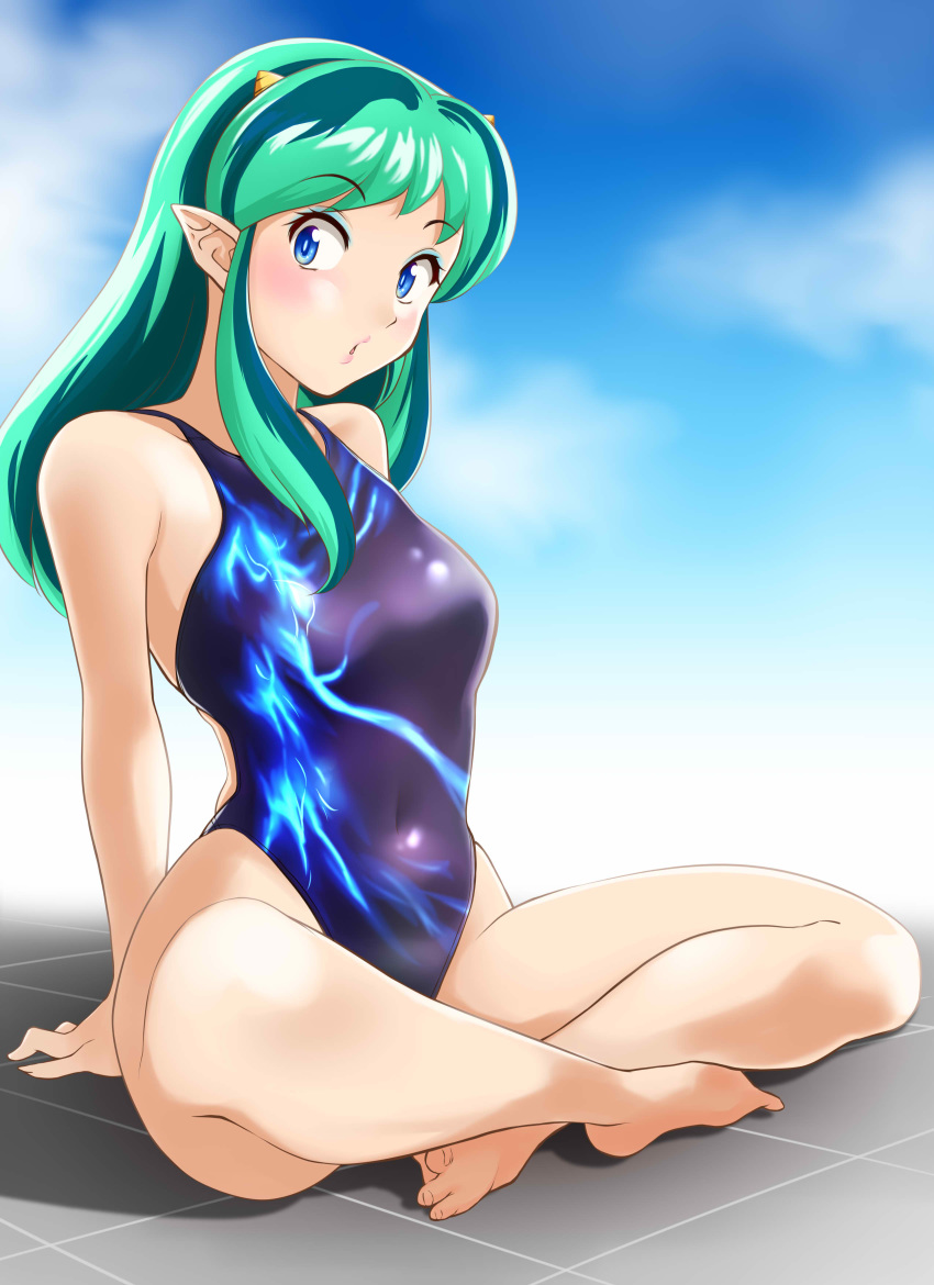 1girl, absurdres, blue_eyes, blue_sky, blue_swimsuit, clouds, commentary_request, competition_swimsuit