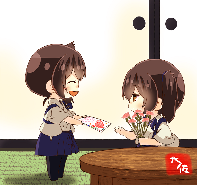 2girls, artist_name, black_hair, black_legwear, blue_hakama, bouquet, brown_eyes, closed_eyes