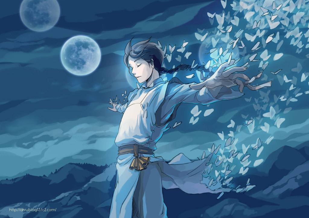 braid, butterflies, butterfly, closed_eyes, fantasy, male, moon, mountain, mountains, night, original, outstretched_arms, outstretched_hand, scenery, sky, spread_arms, standing