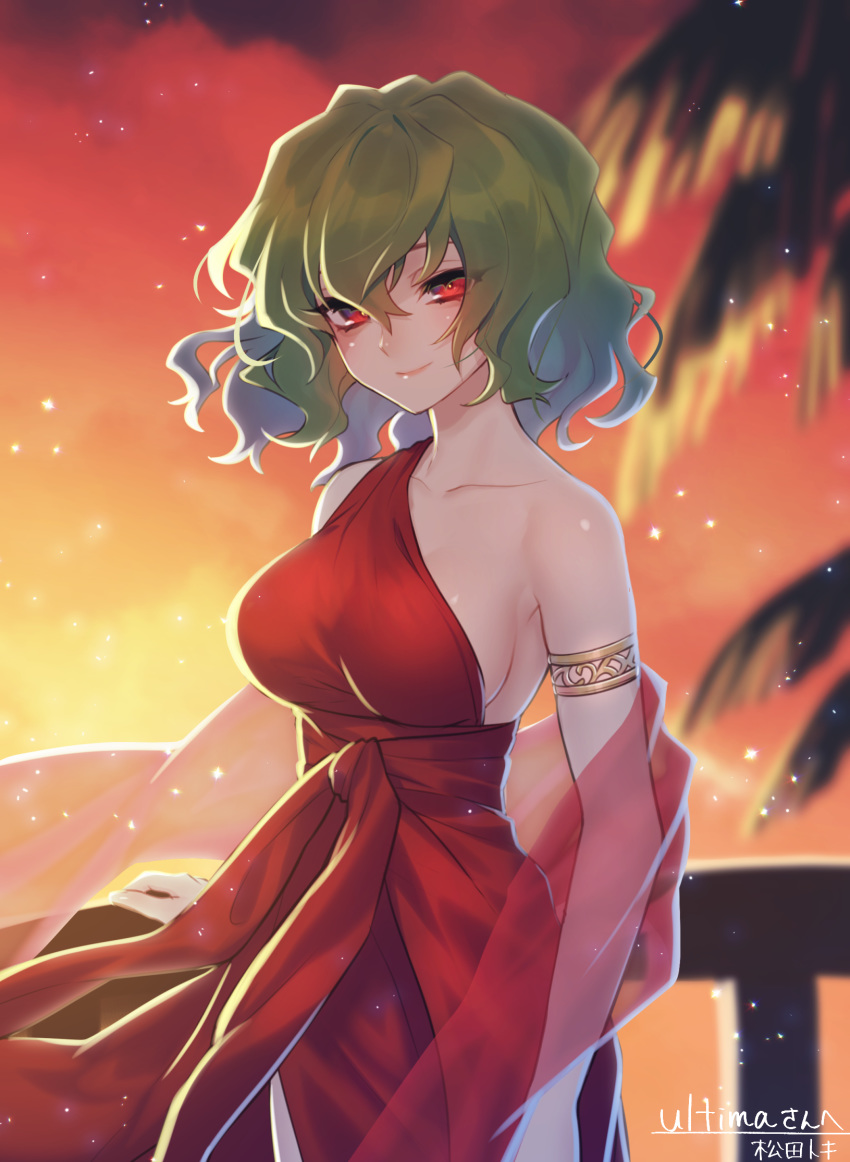 1girl, alternate_costume, armlet, bangs, bare_arms, bare_shoulders, breasts, closed_mouth