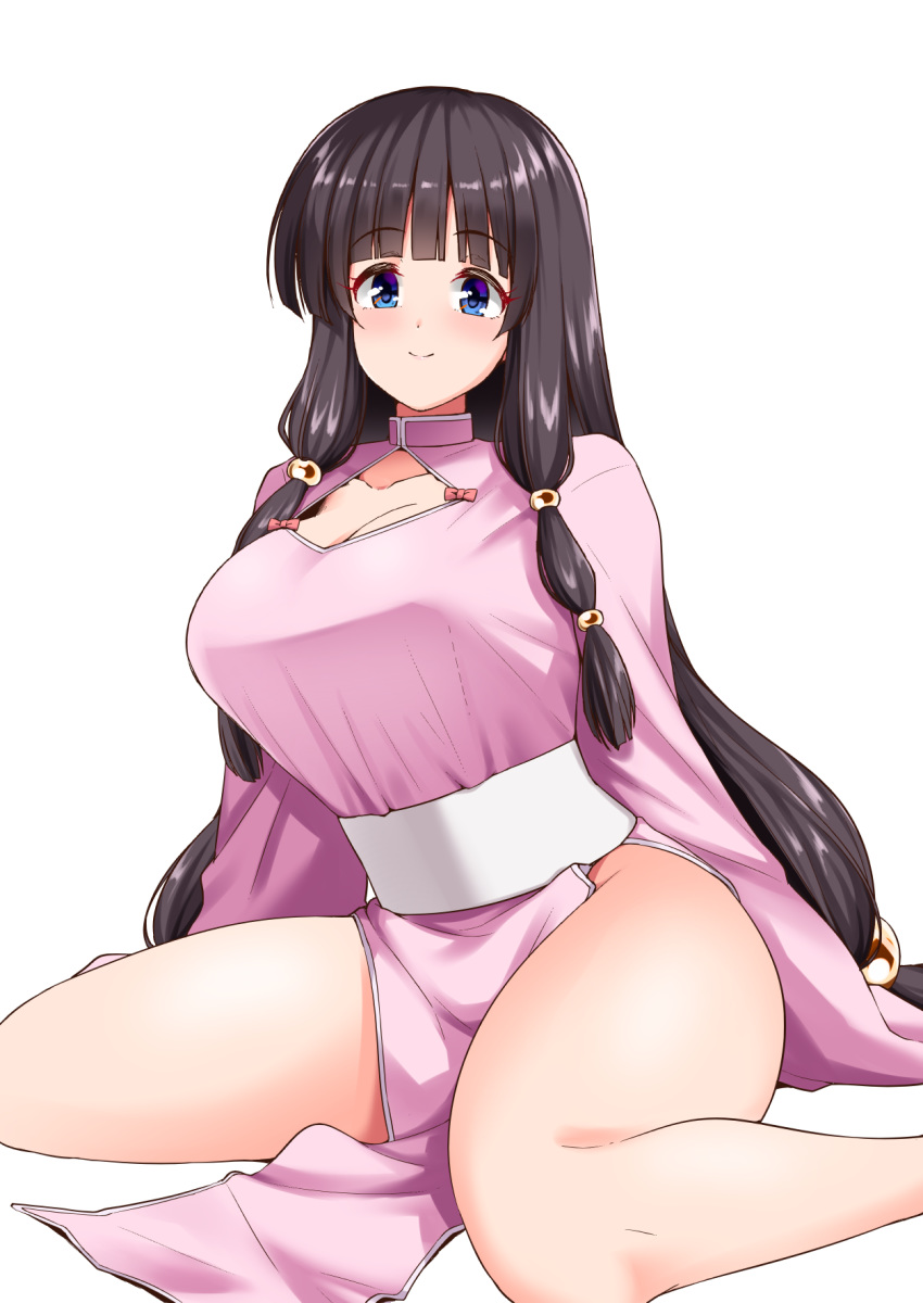 1girl, bangs, black_hair, blue_eyes, blunt_bangs, blush, cleavage_cutout, dress