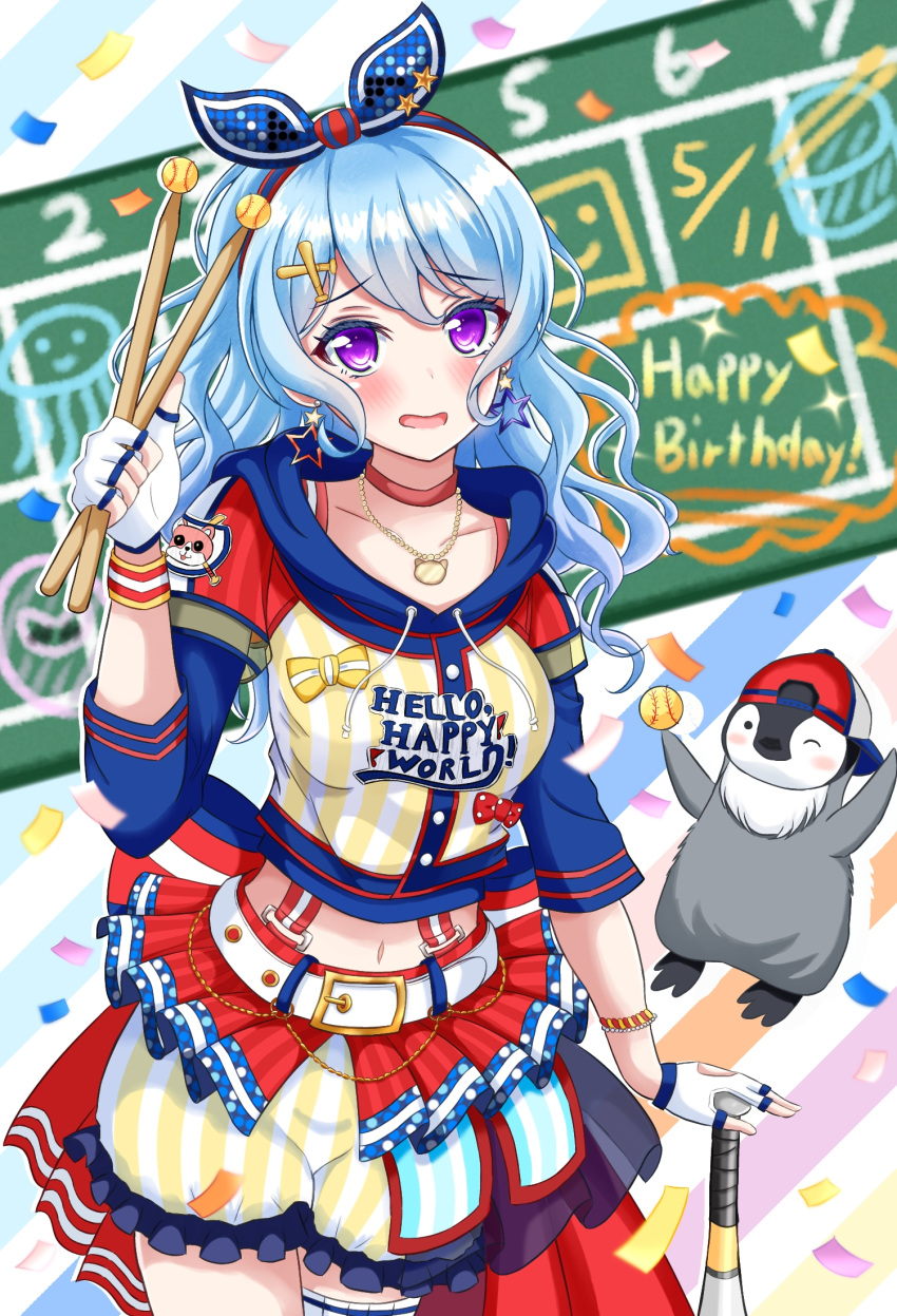 1girl, back_bow, backwards_hat, ball, bang_dream!, bangs, baseball, baseball_bat