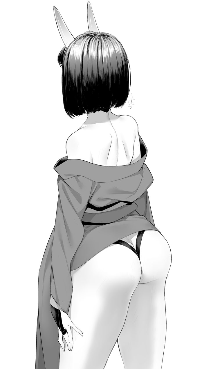 1girl, ass, bare_shoulders, bob_cut, bridal_gauntlets, facing_away, fate/grand_order, fate_(series), from_behind, greyscale, highres, monochrome, off_shoulder, oni_horns, shiromako, short_hair, shuten_douji_(fate/grand_order), simple_background, skin-covered_horns, solo, standing, white_background