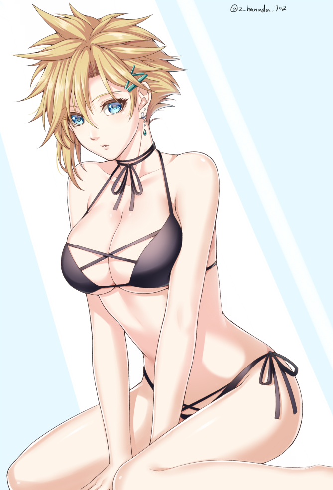 1girl, asymmetrical_hair, bangs, bikini, black_bikini, blonde_hair, blue_background, blue_eyes, breasts, cloud_strife, collarbone, commentary_request, earrings, final_fantasy, final_fantasy_vii, furofuki_daikon, genderswap, genderswap_(mtf), hair_between_eyes, hair_ornament, hairclip, jewelry, large_breasts, leaning_forward, looking_at_viewer, medium_hair, panties, seiza, side-tie_panties, sitting, solo, swimsuit, twitter_username, two-tone_background, under_boob, underwear, white_background
