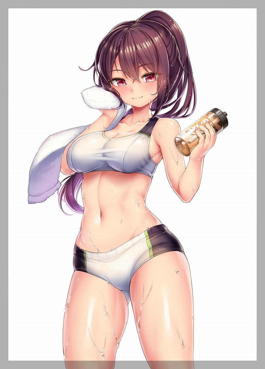 1girl, blush, buruma, commentary_request, doyouwantto, highres, long_hair, navel