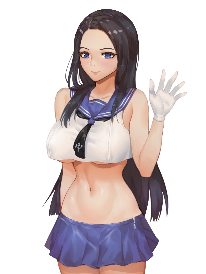 1girl, absurdres, black_hair, blue_eyes, blue_sailor_collar, blush, breasts, gloves, highres, hsd, invincible_dragon, large_breasts, last_origin, long_hair, midriff, miniskirt, navel, pleated_skirt, sailor_collar, skirt, smile, solo, sweatdrop, under_boob, waving, white_gloves