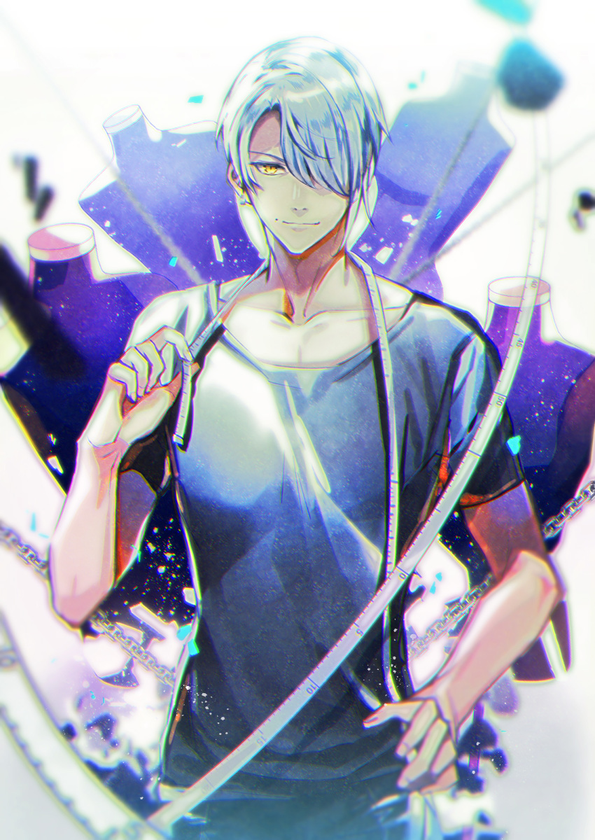 1boy, ayano_too, blurry, blurry_background, collarbone, denim, hair_over_one_eye, hand_on_hip