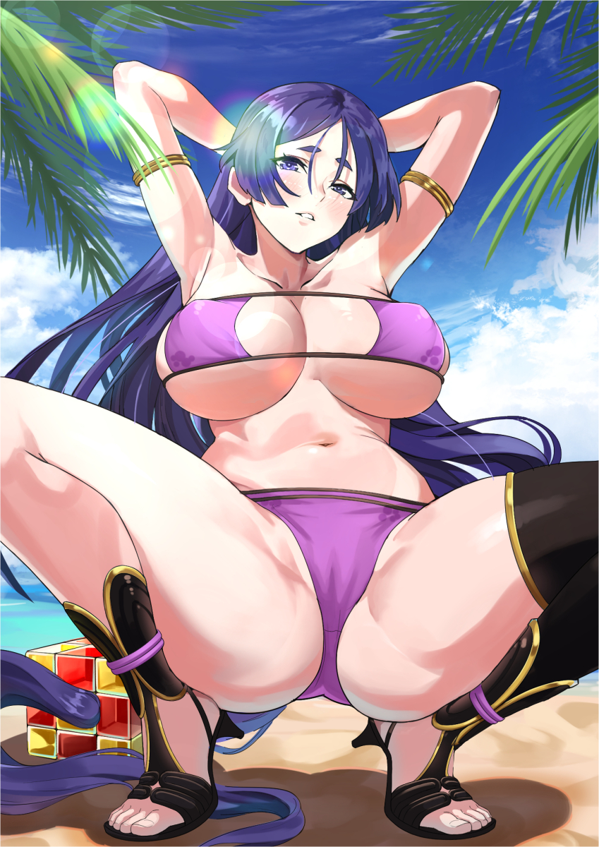 1girl, armlet, armpits, arms_behind_head, atelier30, bangs, beach, bikini