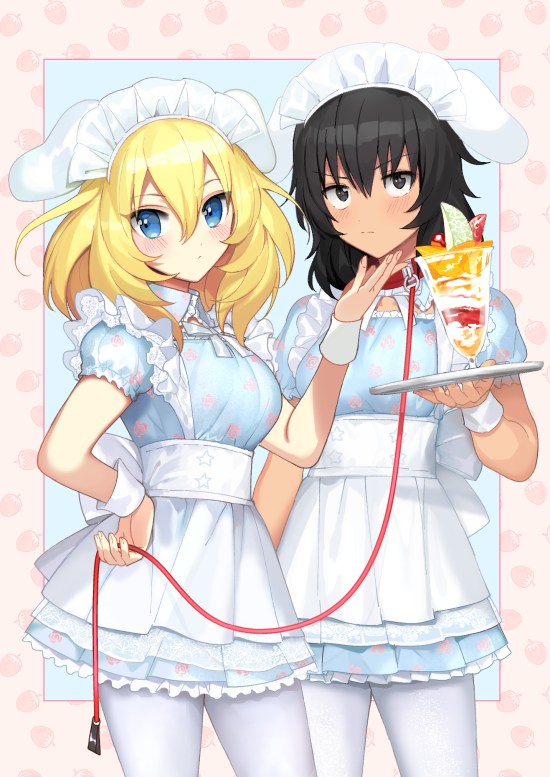 2girls, alternate_costume, andou_(girls_und_panzer), animal_ears, black_hair, blonde_hair, blue_background, blue_dress, blue_eyes, blush, breasts, brown_eyes, closed_mouth, collar, cowboy_shot, dark_skin, dress, enmaided, fake_animal_ears, floral_print, food, food_themed_background, fruit, girls_und_panzer, hand_on_another's_cheek, hand_on_another's_face, hand_up, holding, holding_tray, ice_cream, leash, looking_at_viewer, maid, medium_breasts, multiple_girls, neck_ribbon, oshida_(girls_und_panzer), pantyhose, print_dress, puffy_short_sleeves, puffy_sleeves, ribbon, short_hair, short_sleeves, strawberry, strawberry_background, sundae, tan3charge, tray, v-shaped_eyebrows, white_legwear, white_neckwear, white_ribbon, wrist_cuffs, yuri