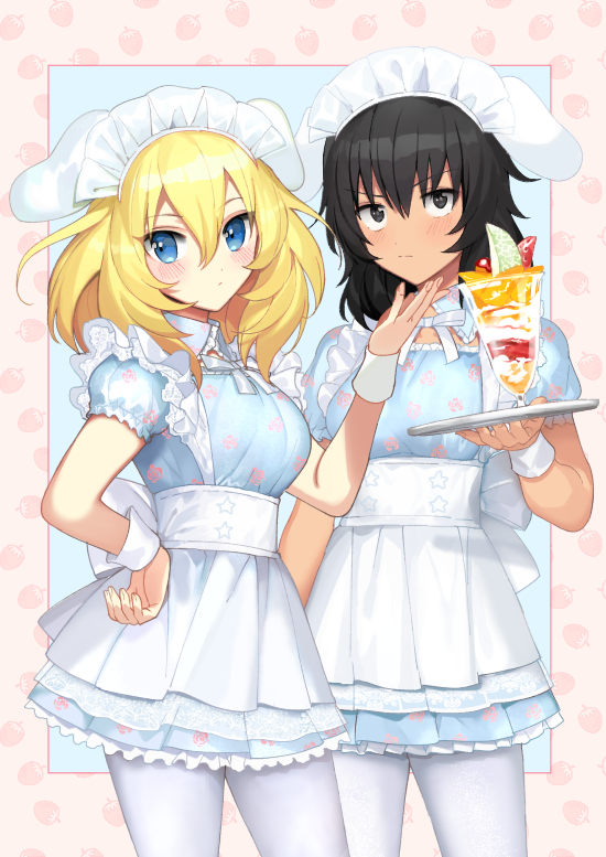 2girls, alternate_costume, andou_(girls_und_panzer), animal_ears, black_hair, blonde_hair, blue_background, blue_dress
