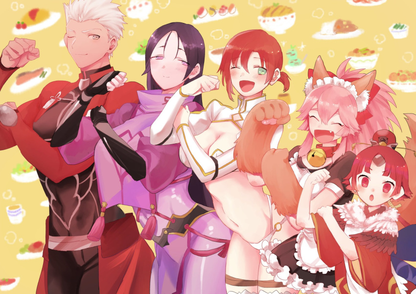 1boy, 4girls, animal_ears, apron, archer, arm_pump, bell, bell_collar, benienma_(fate/grand_order), boudica_(fate/grand_order), breasts, collar, dark_skin, dark_skinned_male, fang, fate/grand_order, fate_(series), food_background, fox_ears, fox_tail, gloves, highres, large_breasts, minamoto_no_raikou_(fate/grand_order), multiple_girls, navel, one_eye_closed, paw_gloves, paws, pink_hair, ponytail, purple_hair, redhead, smile, tail, takashi_(onikukku), tamamo_(fate)_(all), tamamo_cat_(fate), white_hair, wide_sleeves