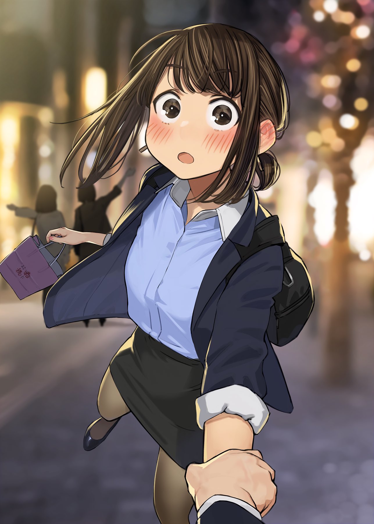 3girls, arm_grab, backpack, bag, blue_shirt, blurry, blurry_background, blush