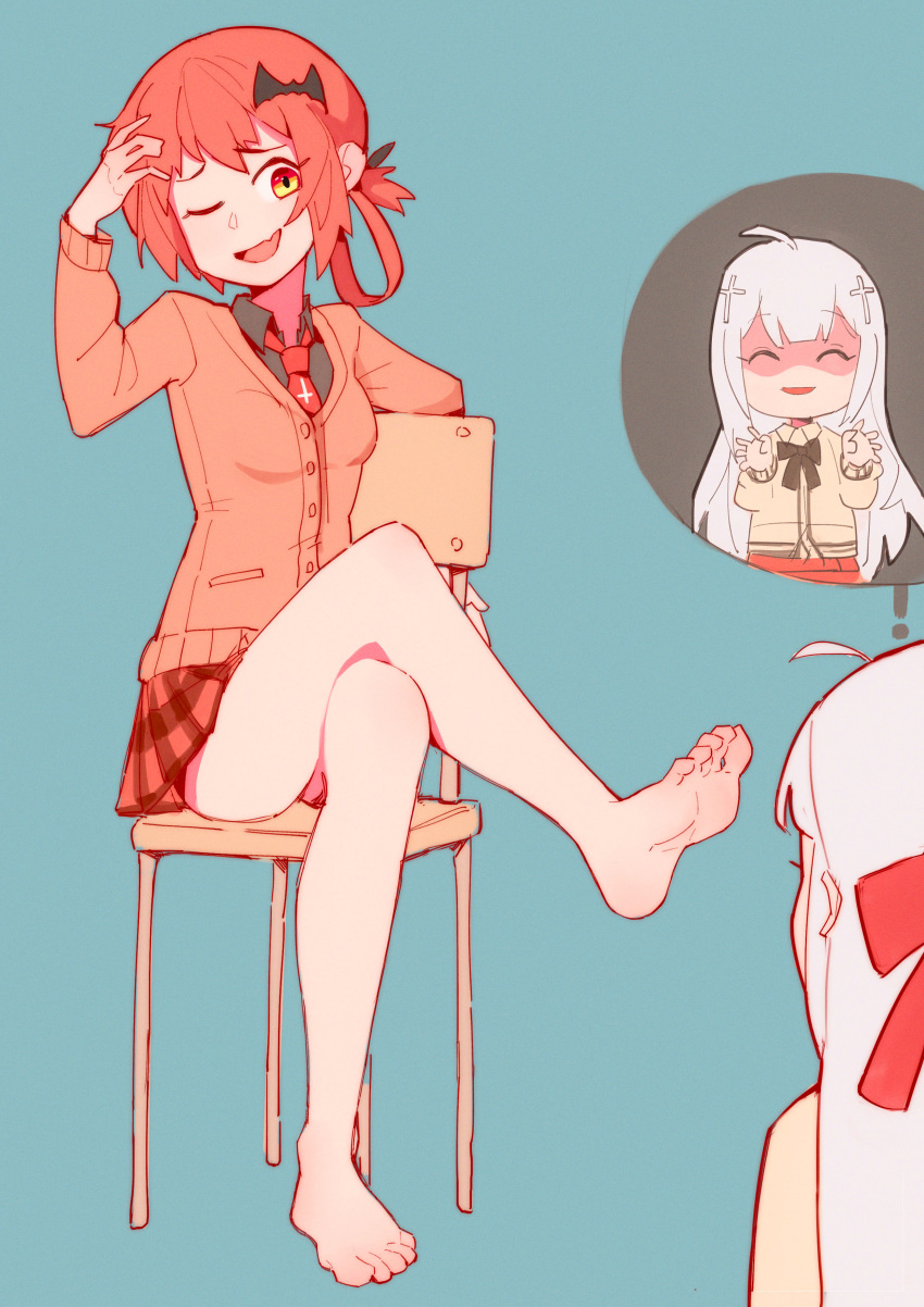 2girls, ;d, absurdres, bangs, bare_legs, barefoot, bat_hair_ornament, black_shirt