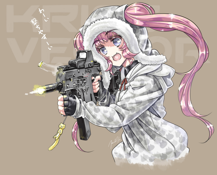 1girl, casing_ejection, cheek_squash, coat, colored_eyelashes, commentary_request, firing, fur-trimmed_coat