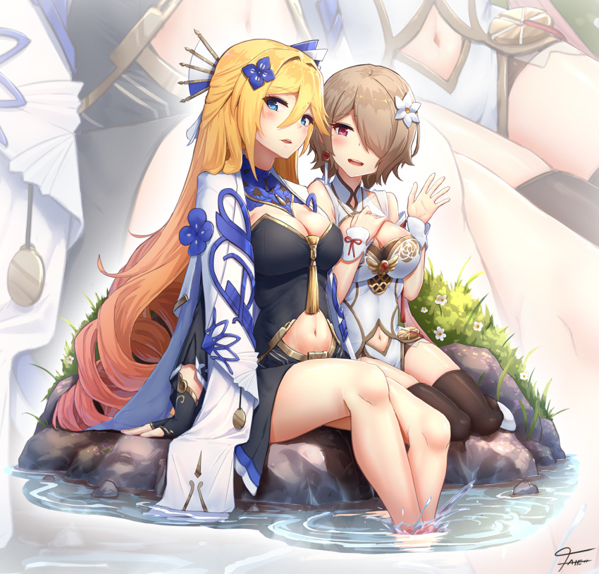 2girls, arm_support, bianka_durandal_ataegina, black_legwear, blonde_hair, blue_eyes, blush, breasts