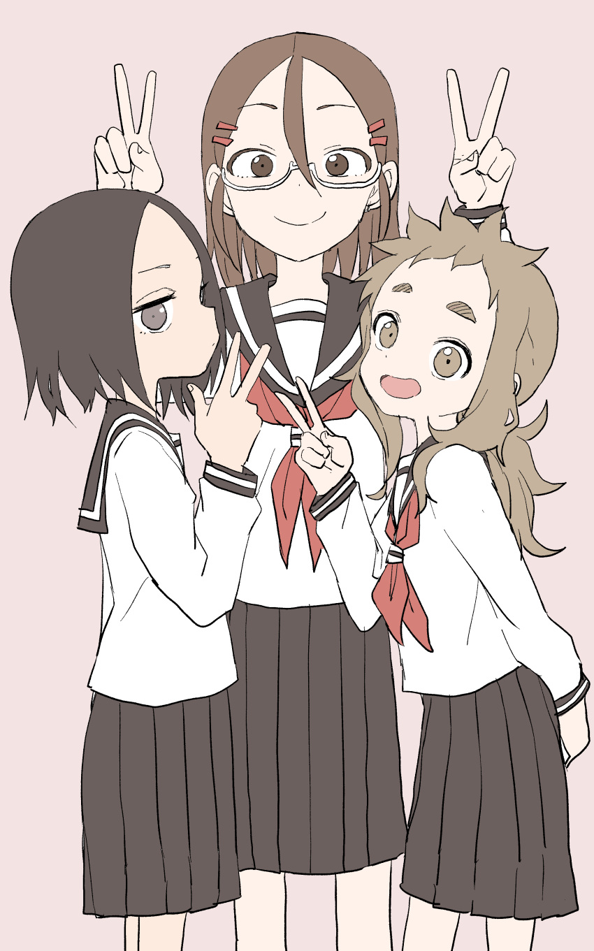 4girls, :d, absurdres, bangs, black_hair, black_sailor_collar, black_skirt, brown_background, brown_eyes, brown_hair, closed_mouth, commentary_request, double_v, eyebrows_visible_through_hair, hair_between_eyes, hair_ornament, hairclip, hibino_mina, highres, karakai_jouzu_no_takagi-san, long_hair, multiple_girls, neckerchief, official_art, open_mouth, parted_bangs, pleated_skirt, red_neckwear, sailor_collar, school_uniform, semi-rimless_eyewear, serafuku, shirt, short_eyebrows, simple_background, skirt, smile, standing, tenkawa_yukari, thick_eyebrows, tsukimoto_sanae, under-rim_eyewear, v, white-framed_eyewear, white_shirt, yamamoto_souichirou