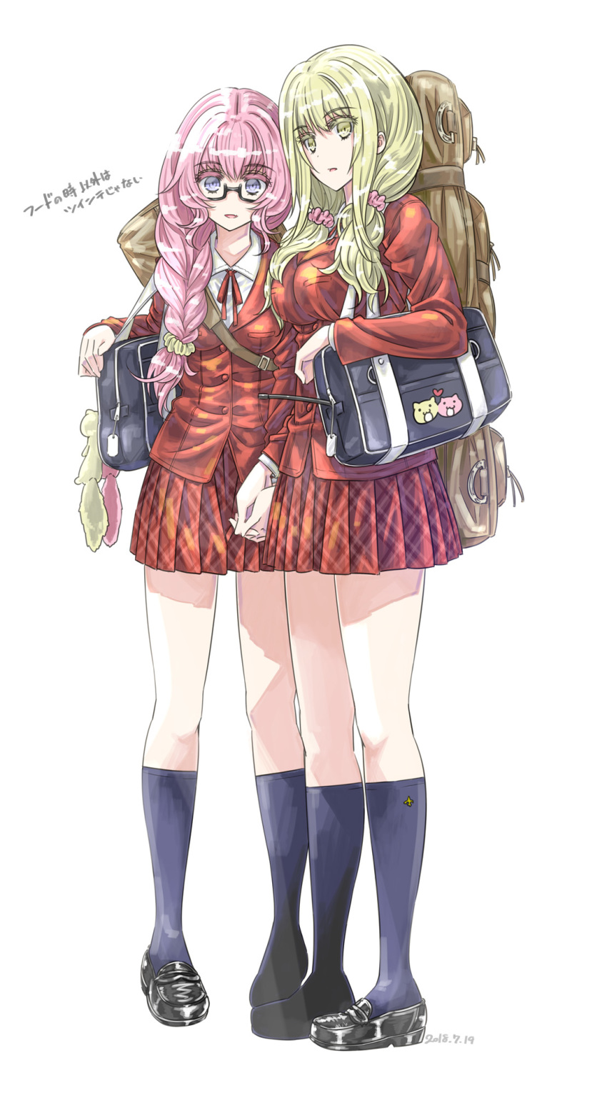 2girls, bag, black-framed_eyewear, black_footwear, blazer, blonde_hair, blue_eyes, blue_legwear