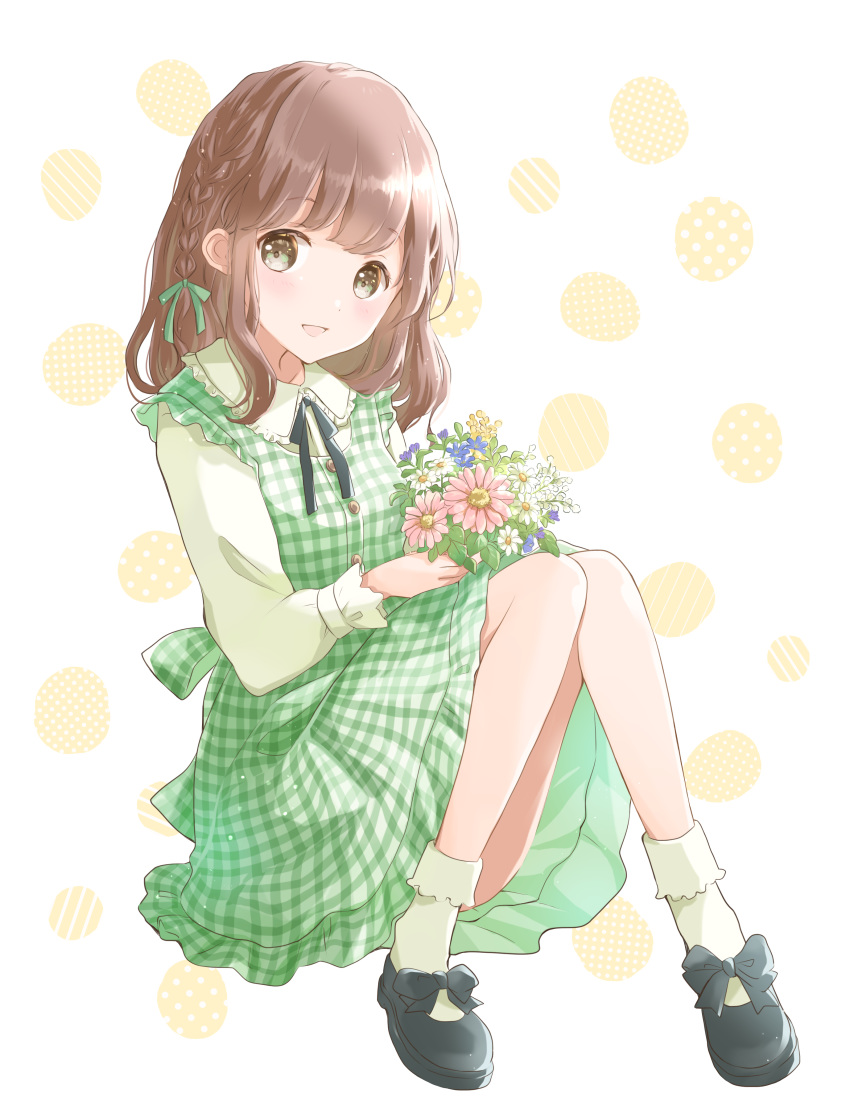 1girl, absurdres, bangs, black_footwear, black_neckwear, black_ribbon, bobby_socks, bouquet