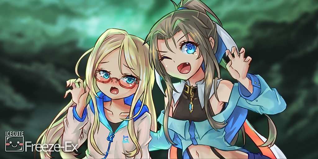 1boy, 1girl, artist_name, bangs, bare_shoulders, black_shirt, blonde_hair, blue_eyes
