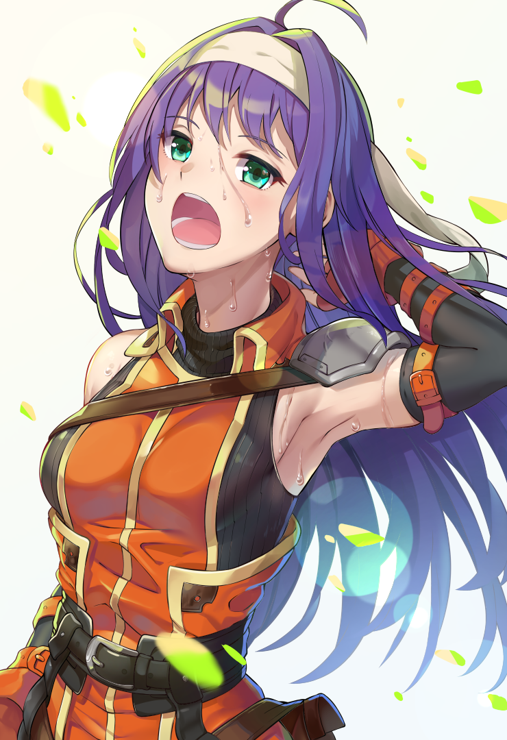 1girl, ahoge, aqua_eyes, arm_warmers, armpits, belt, black_bodysuit, bodysuit