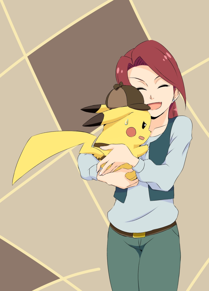 1girl, ^_^, asymmetrical_bangs, ayo_(ayosanri009), bangs, belt, brown_background, brown_belt, brown_hair, closed_eyes, commentary_request, deerstalker, detective_pikachu, detective_pikachu_(character), detective_pikachu_(game), emilia_christie, facing_viewer, gen_1_pokemon, happy, hat, hatted_pokemon, highres, long_hair, pikachu, pokemon, pokemon_(game), standing