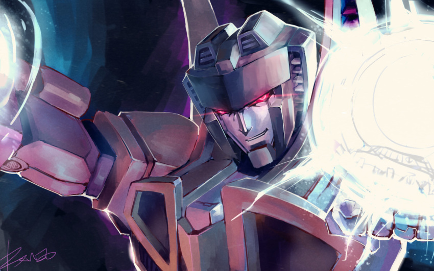 decepticon, energy, glowing, glowing_eyes, head_tilt, kemono_(kirkprise), looking_at_viewer, mecha, no_humans, red_eyes, robot, smirk, solo, starscream, transformers