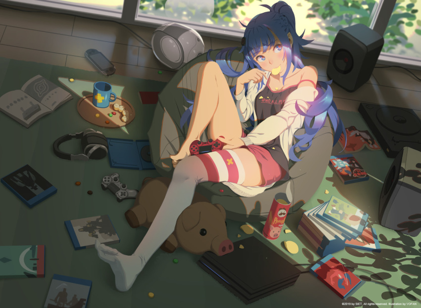 1girl, ahoge, ai-chan_(playstation), bangs, barefoot, bean_bag_chair, blue_eyes, blue_hair