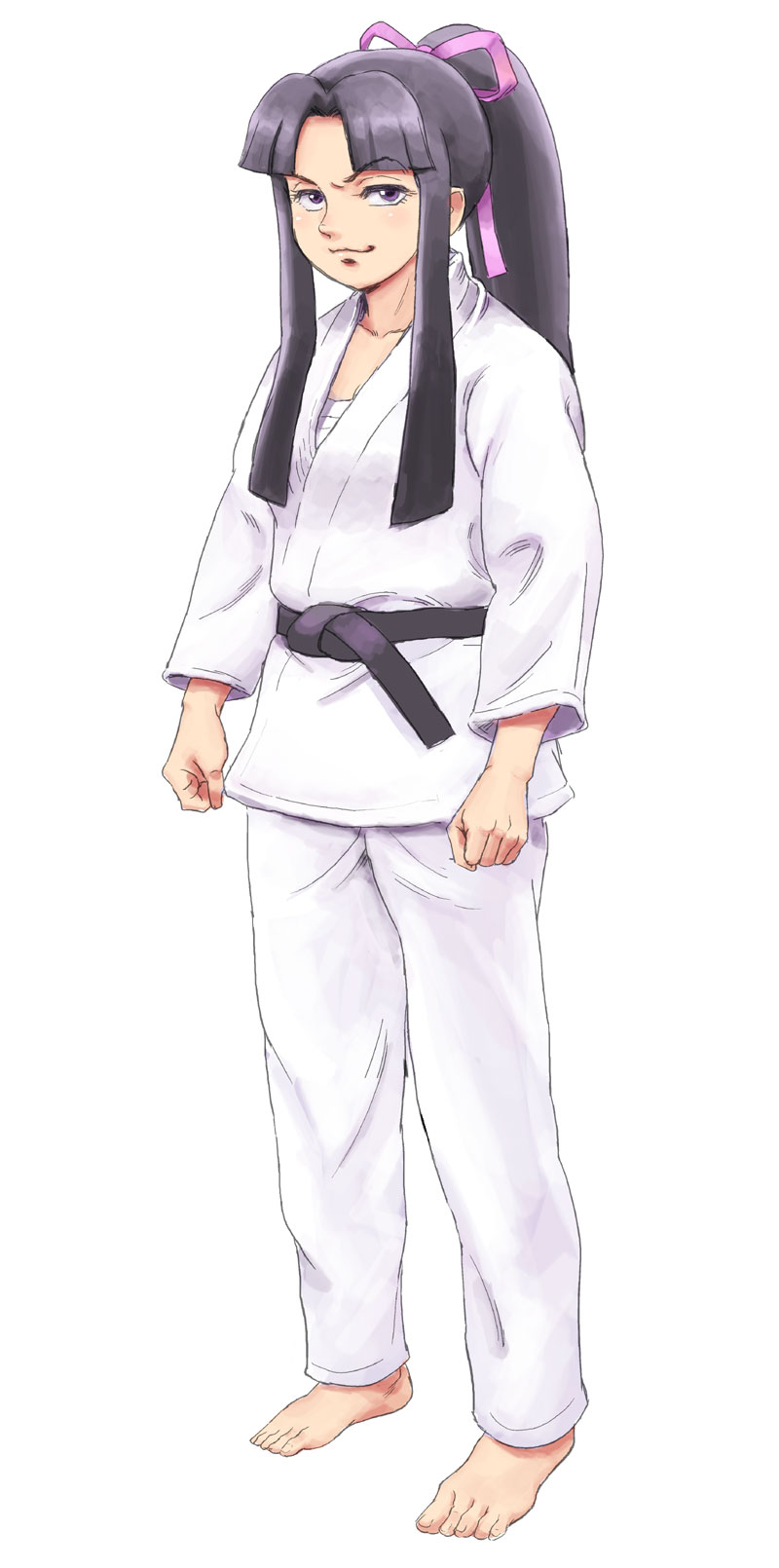 1girl, arms_at_sides, bangs, barefoot, black_hair, clenched_hands, dougi, eyebrows_visible_through_hair, fubuki_kyouko, hair_ribbon, highres, lafolie, long_hair, parted_bangs, pink_ribbon, plawres_sanshirou, ponytail, ribbon, sidelocks, simple_background, smirk, solo, very_long_hair, white_background