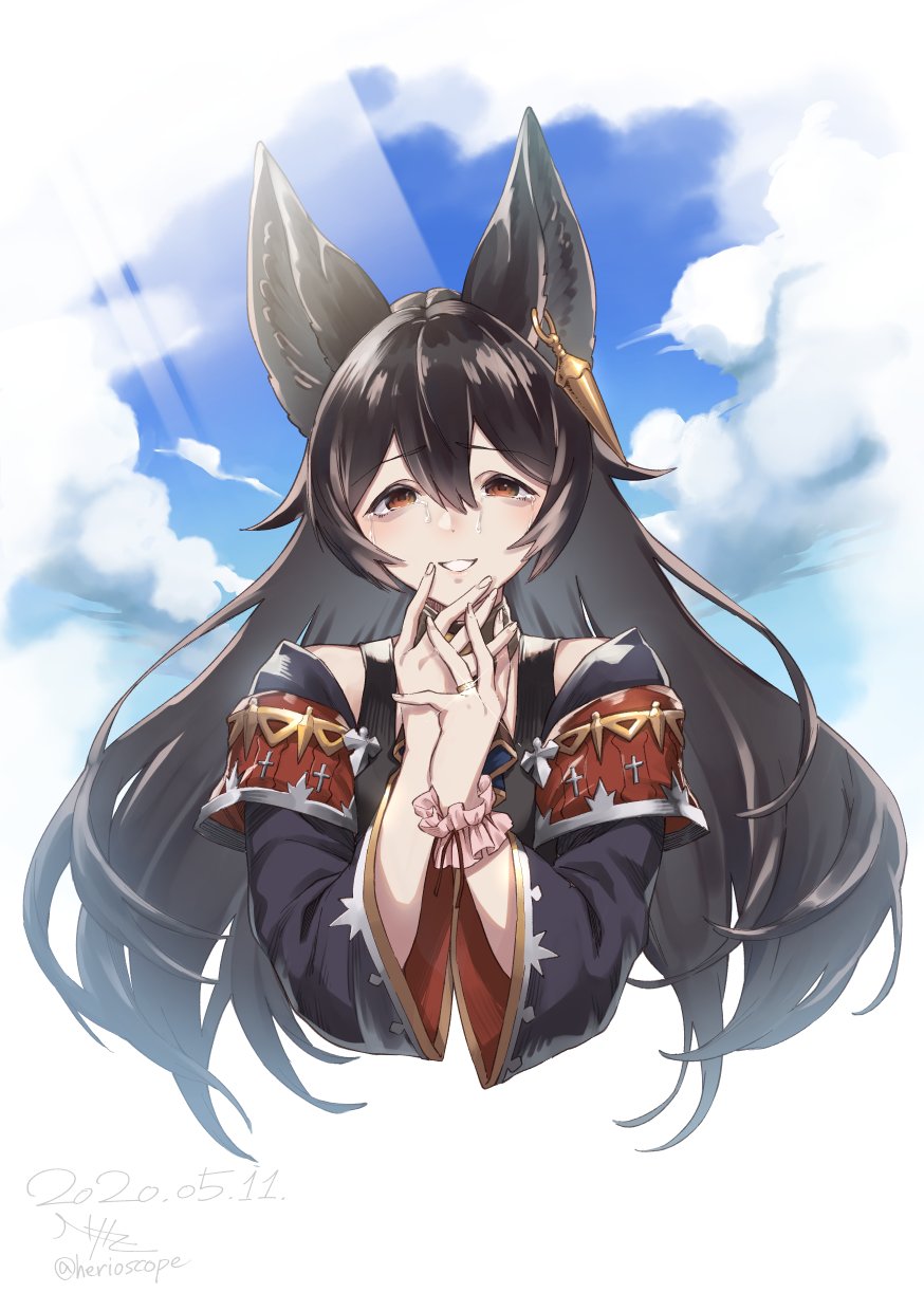 1girl, bags_under_eyes, bangs, black_hair, black_jacket, blue_sky, blush, breasts