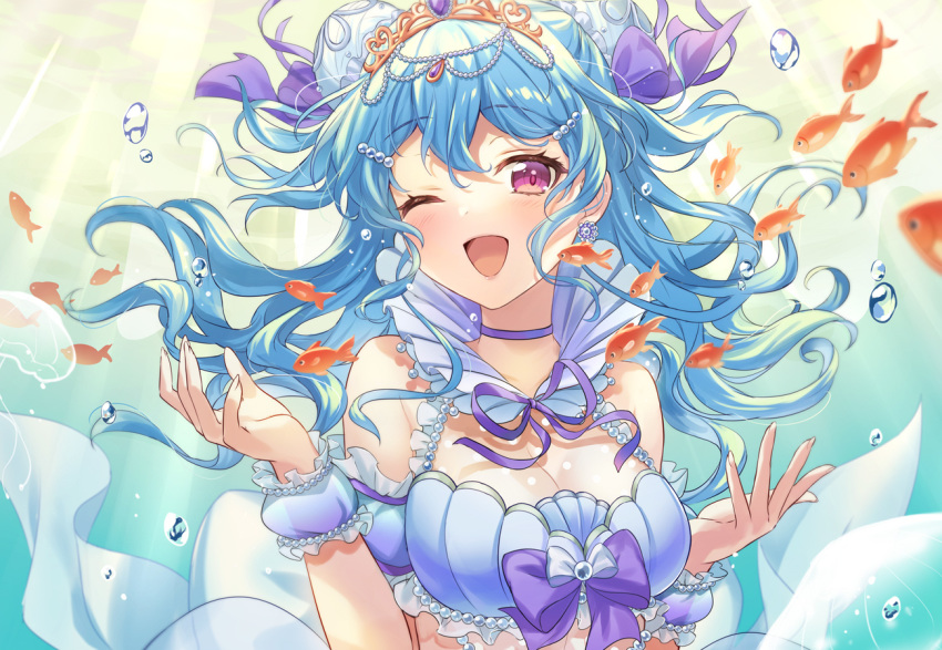 accessories, bang_dream!, bare_shoulders, bubble, earrings, fish, hair_bun, jewelry