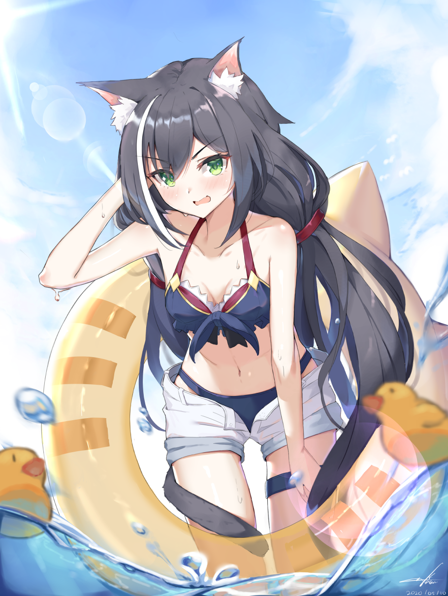 1girl, animal_ear_fluff, animal_ears, bangs, bare_shoulders, bikini, black_bikini, black_hair