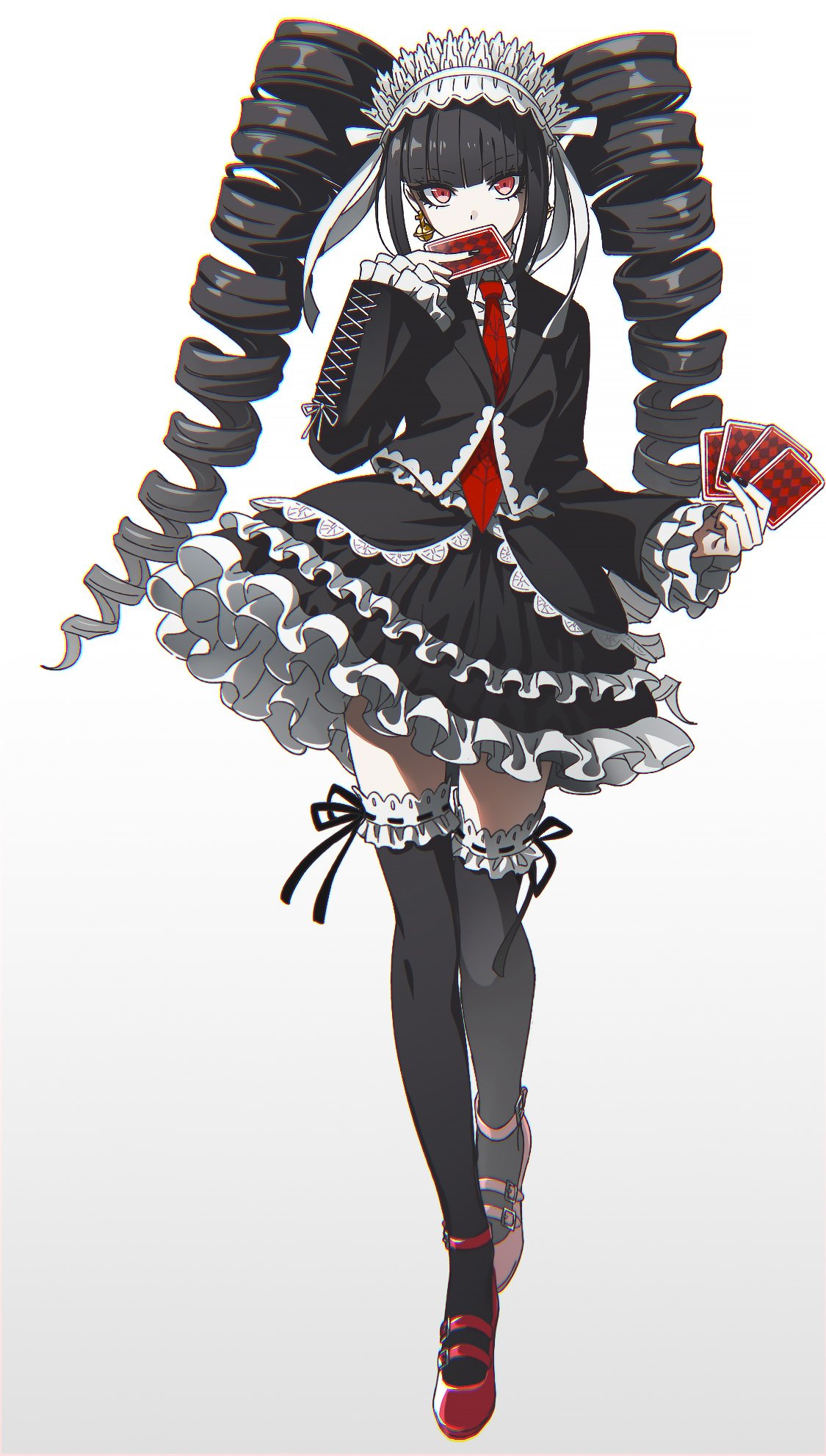 1girl, black_hair, black_legwear, bonnet, card, celestia_ludenberck, covered_mouth, dangan_ronpa
